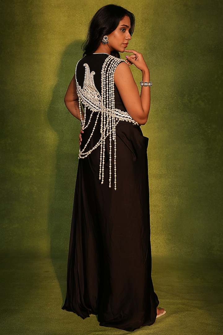 Black Raw Silk & Crepe Draped Skirt Set by ASHUTOSH JOSHI at Pernia's Pop Up Shop