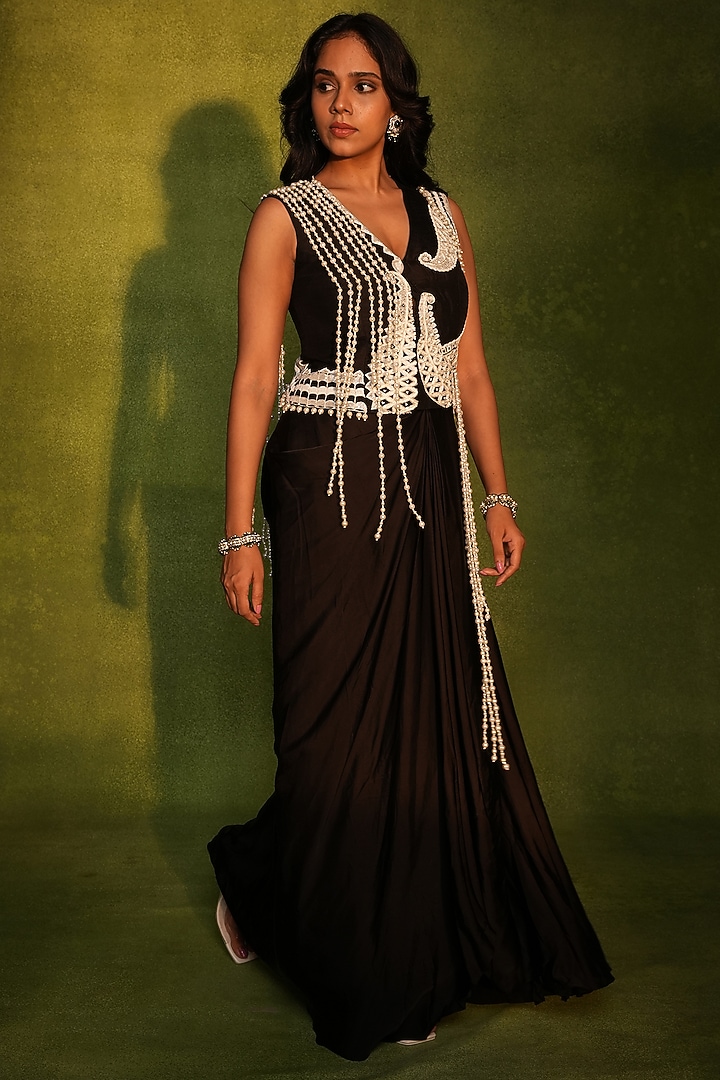 Black Raw Silk & Crepe Draped Skirt Set by ASHUTOSH JOSHI at Pernia's Pop Up Shop