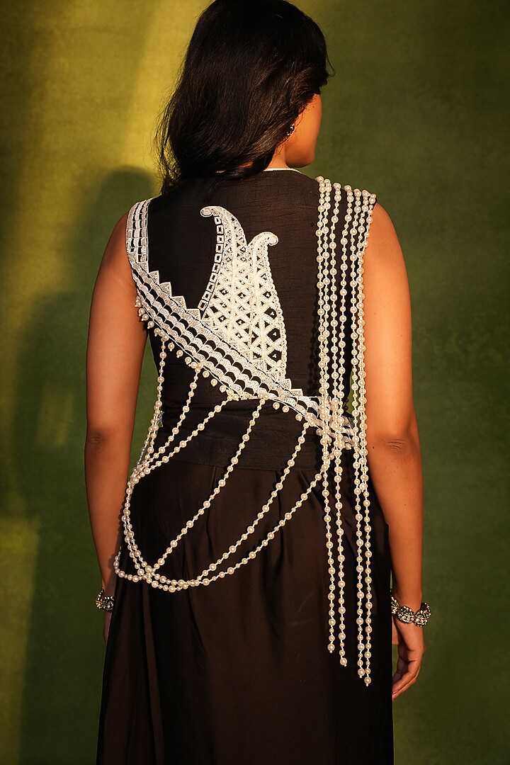 Black Raw Silk & Crepe Draped Skirt Set by ASHUTOSH JOSHI at Pernia's Pop Up Shop