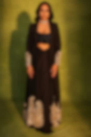 Black Raw Silk & Crepe Floral Paisley Work Jacket Set by ASHUTOSH JOSHI at Pernia's Pop Up Shop