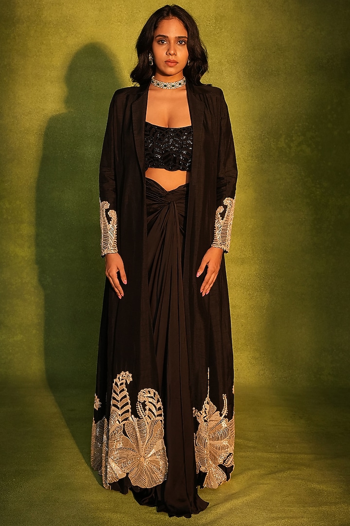 Black Raw Silk & Crepe Floral Paisley Work Jacket Set by ASHUTOSH JOSHI at Pernia's Pop Up Shop