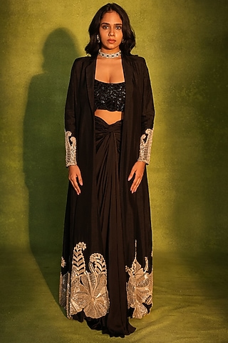 Black Raw Silk & Crepe Floral Paisley Work Jacket Set by ASHUTOSH JOSHI