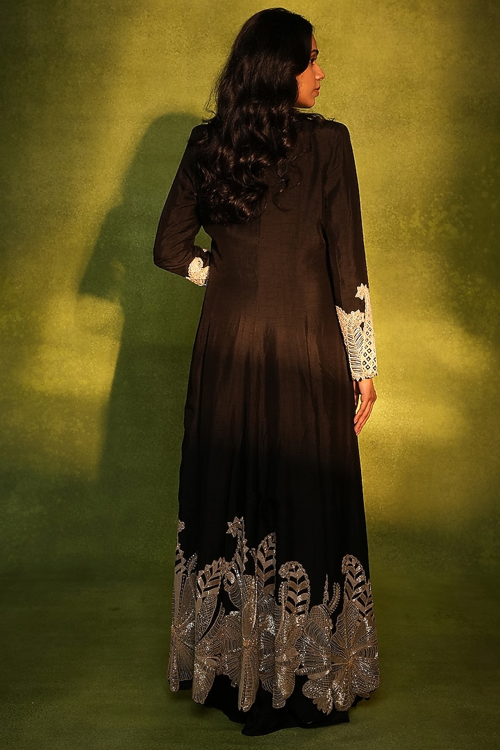 Black Raw Silk & Crepe Floral Paisley Work Jacket Set by ASHUTOSH JOSHI at Pernia's Pop Up Shop