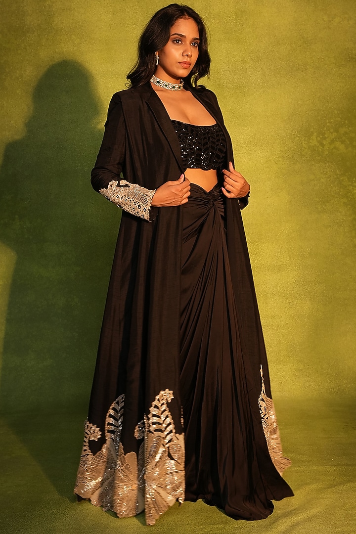 Black Raw Silk & Crepe Floral Paisley Work Jacket Set by ASHUTOSH JOSHI at Pernia's Pop Up Shop