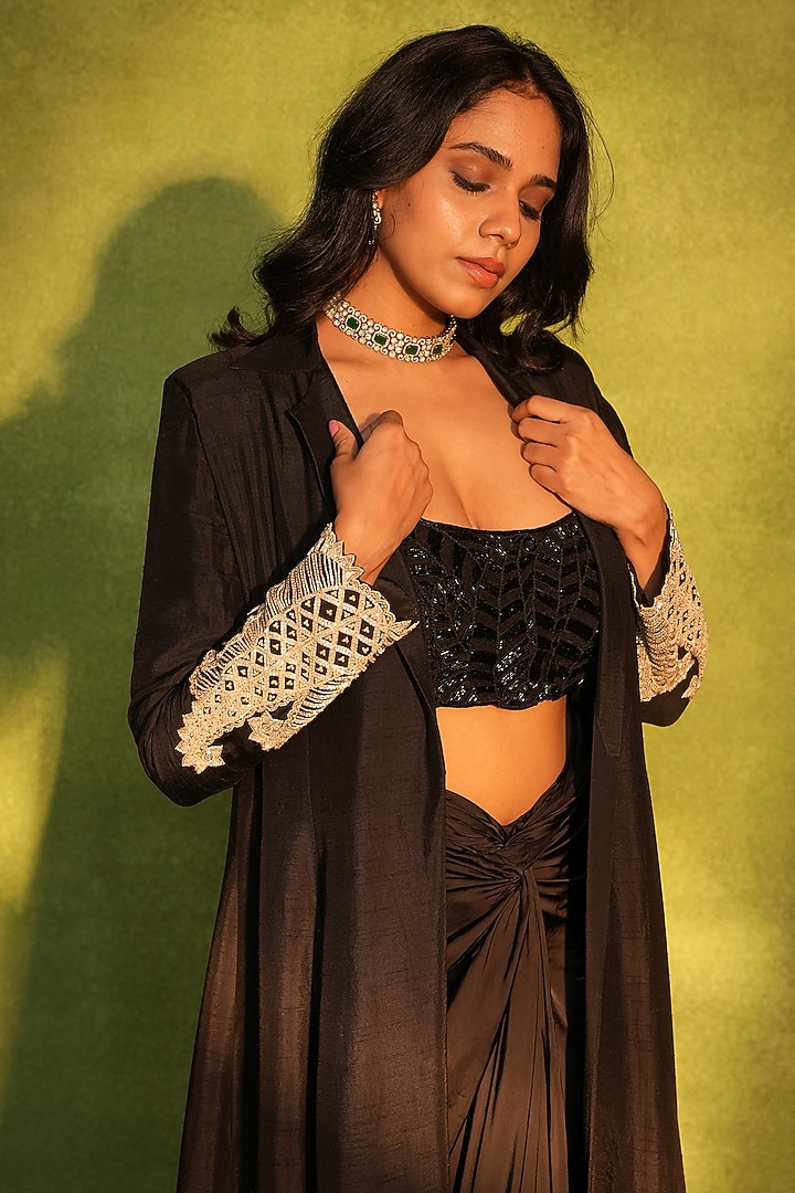 Black Raw Silk & Crepe Floral Paisley Work Jacket Set by ASHUTOSH JOSHI at Pernia's Pop Up Shop
