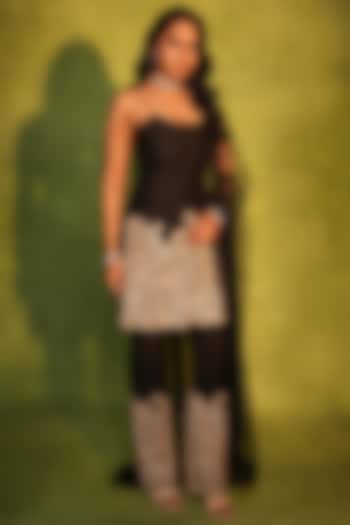 Black & Gold Raw Silk Paisley Work Kurta Set by ASHUTOSH JOSHI at Pernia's Pop Up Shop