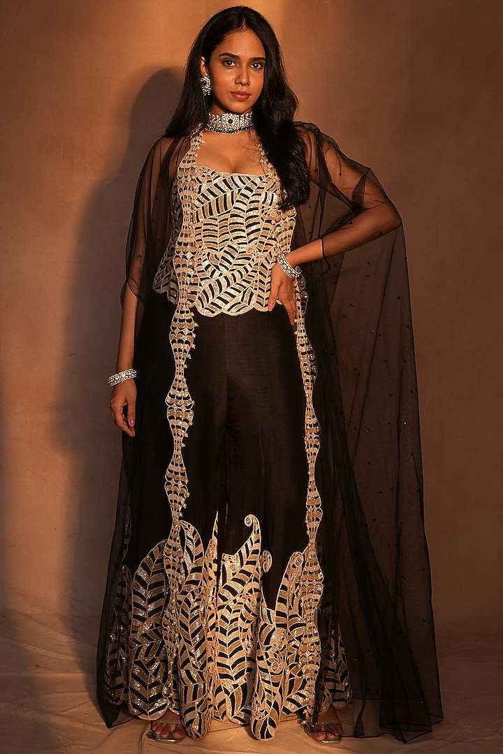 Black & Gold Raw Silk Bridal Sharara Set by ASHUTOSH JOSHI at Pernia's Pop Up Shop