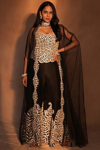 Black & Gold Raw Silk Sharara Set by ASHUTOSH JOSHI