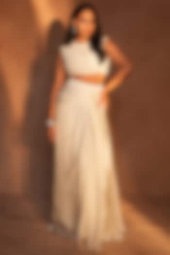 Ivory Bemberg Satin & Crepe Draped Skirt Set by ASHUTOSH JOSHI at Pernia's Pop Up Shop
