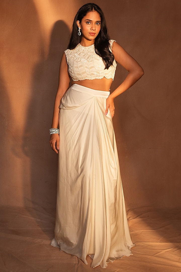 Ivory Bemberg Satin & Crepe Draped Skirt Set by ASHUTOSH JOSHI at Pernia's Pop Up Shop
