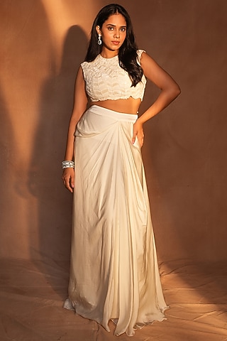 Ivory Bemberg Satin & Crepe Draped Skirt Set by ASHUTOSH JOSHI