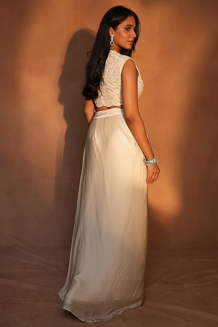 Ivory Bemberg Satin & Crepe Draped Skirt Set by ASHUTOSH JOSHI at Pernia's Pop Up Shop