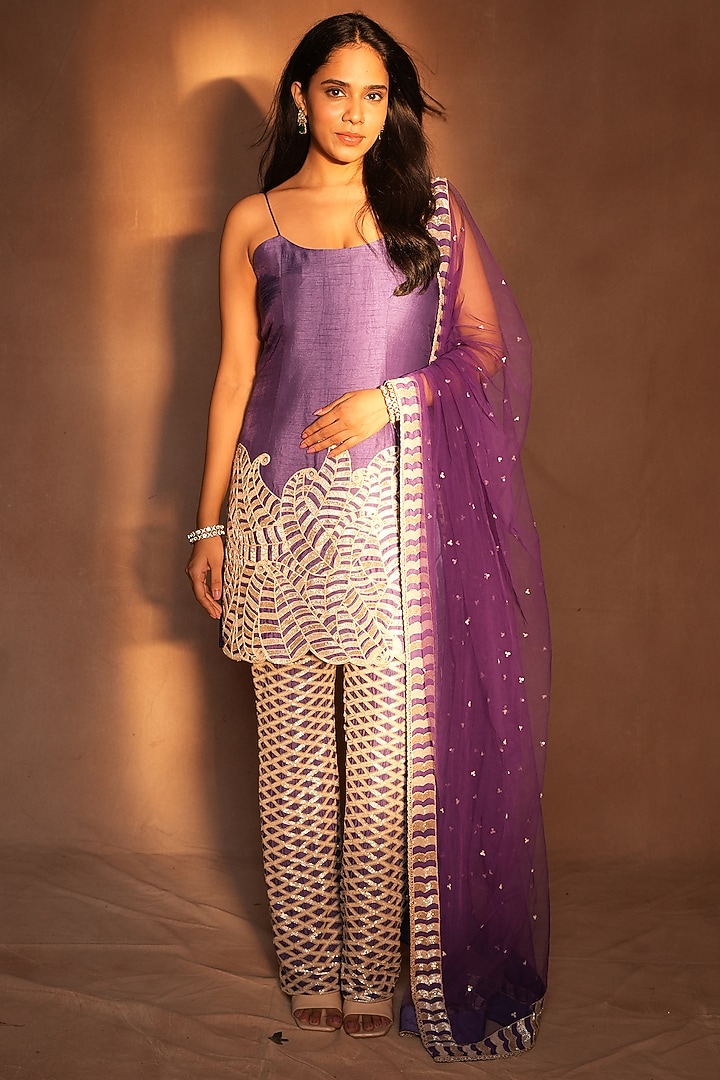 Purple & Gold Raw Silk Paisley Work Kurta Set by ASHUTOSH JOSHI at Pernia's Pop Up Shop