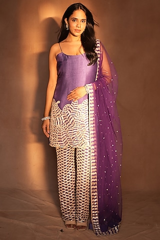 Purple & Gold Raw Silk Paisley Work Kurta Set by ASHUTOSH JOSHI