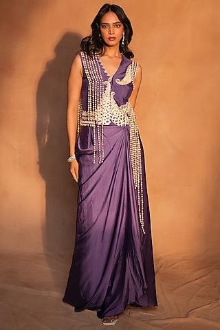 Purple Raw Silk & Crepe Draped Skirt Set by ASHUTOSH JOSHI