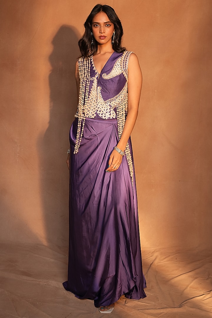 Purple Raw Silk & Crepe Draped Skirt Set by ASHUTOSH JOSHI at Pernia's Pop Up Shop
