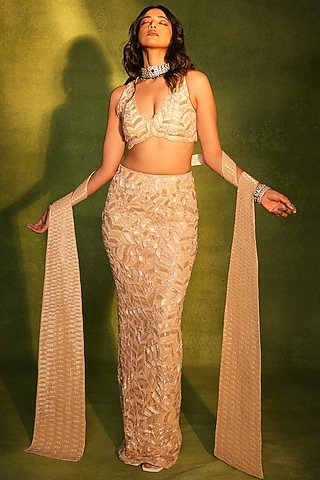 Gold Net & Crepe Paisley Work Skirt Set by ASHUTOSH JOSHI