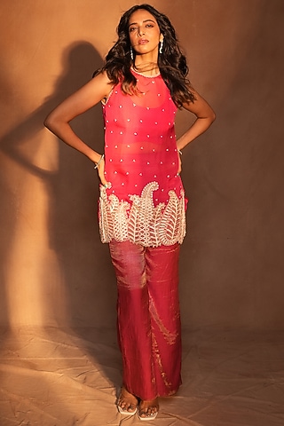 Fuchsia Pink Organza Resham & Paisley Work Kurta Set by ASHUTOSH JOSHI