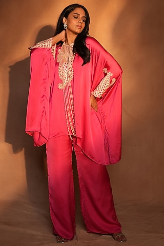Fuchsia Pink & Gold Satin Floral Paisley Work Kaftan Set by ASHUTOSH JOSHI