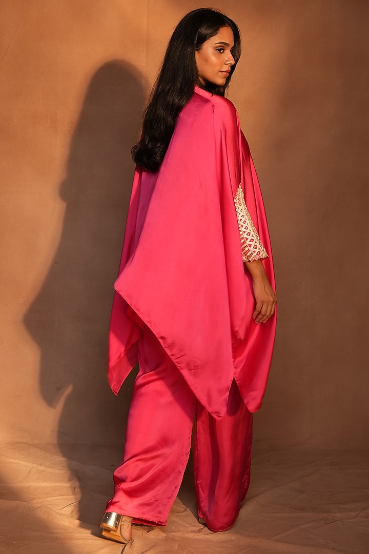 Fuchsia Pink & Gold Satin Floral Paisley Work Kaftan Set by ASHUTOSH JOSHI at Pernia's Pop Up Shop