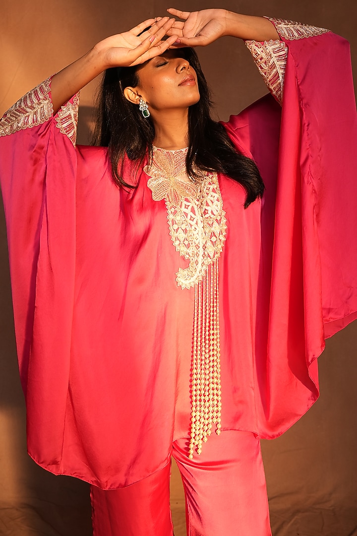 Fuchsia Pink & Gold Satin Floral Paisley Work Kaftan Set by ASHUTOSH JOSHI at Pernia's Pop Up Shop