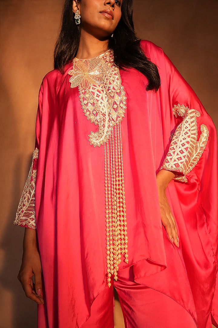 Fuchsia Pink & Gold Satin Floral Paisley Work Kaftan Set by ASHUTOSH JOSHI at Pernia's Pop Up Shop