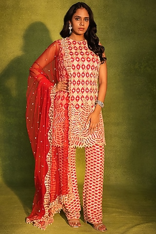 Red & Gold Crepe Paisley Work Kurta Set by ASHUTOSH JOSHI