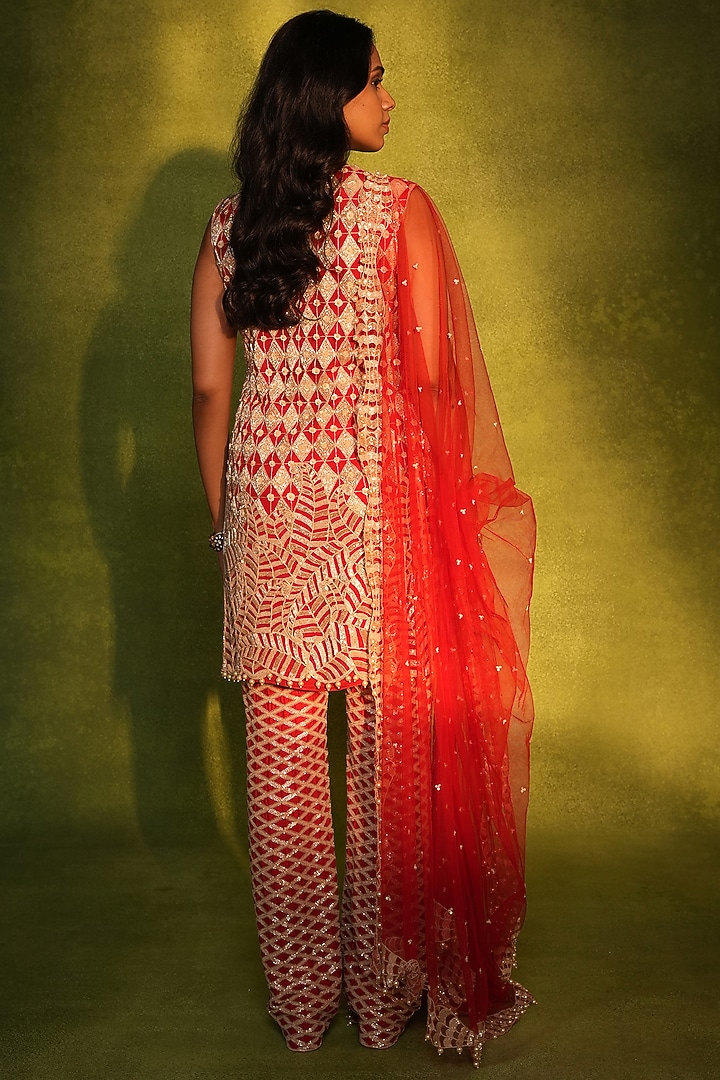 Red & Gold Crepe Paisley Work Kurta Set by ASHUTOSH JOSHI at Pernia's Pop Up Shop