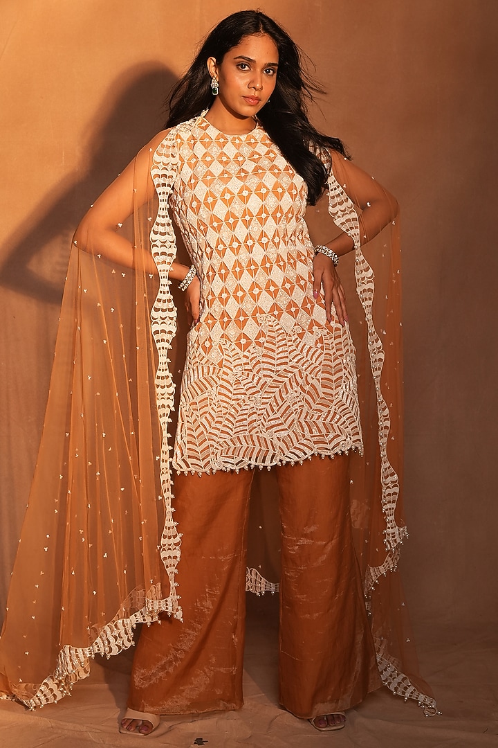 Brown & Ivory Crepe Paisley Work Kurta Set by ASHUTOSH JOSHI at Pernia's Pop Up Shop