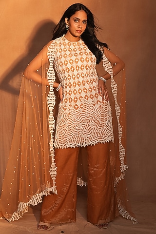 Brown & Ivory Crepe Paisley Work Kurta Set by ASHUTOSH JOSHI