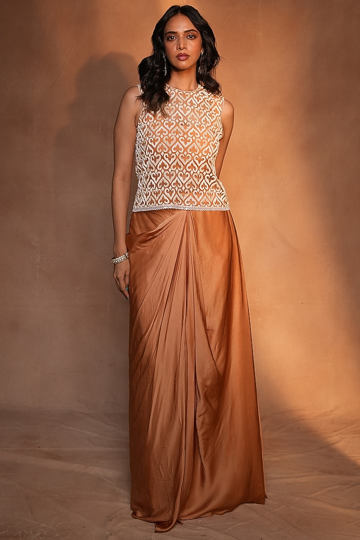 Brown Bemberg Satin Draped Skirt Set by ASHUTOSH JOSHI at Pernia's Pop Up Shop