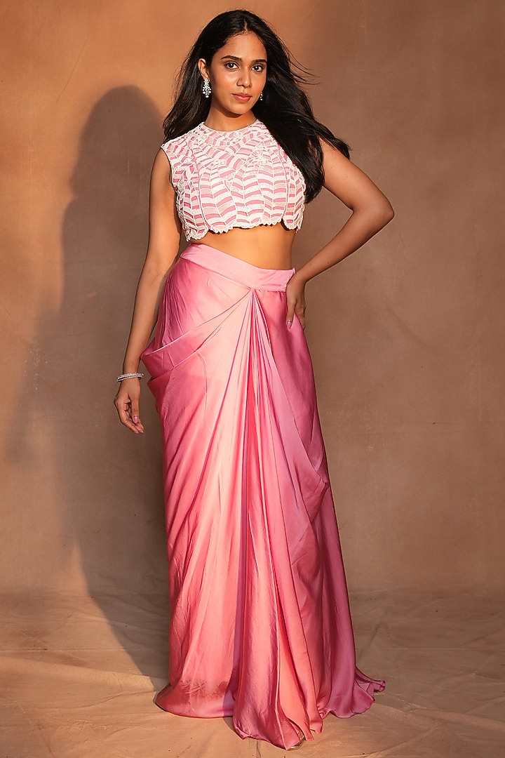 Pink Bemberg Satin & Crepe Draped Skirt Set by ASHUTOSH JOSHI at Pernia's Pop Up Shop