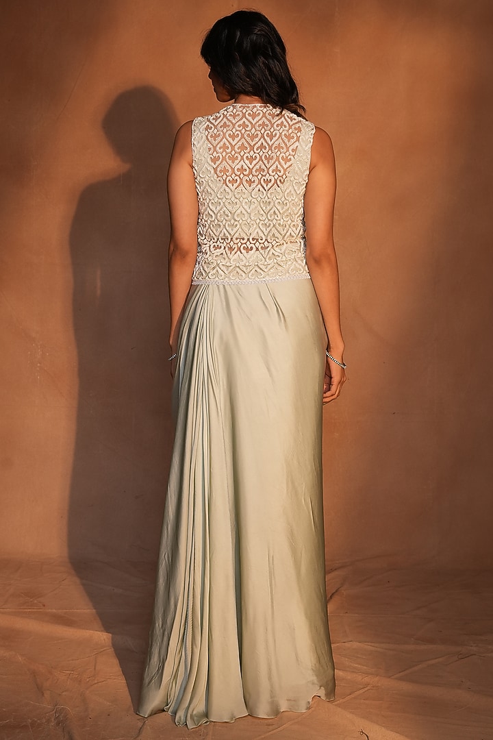Ice Blue Bemberg Satin Draped Skirt Set by ASHUTOSH JOSHI at Pernia's Pop Up Shop