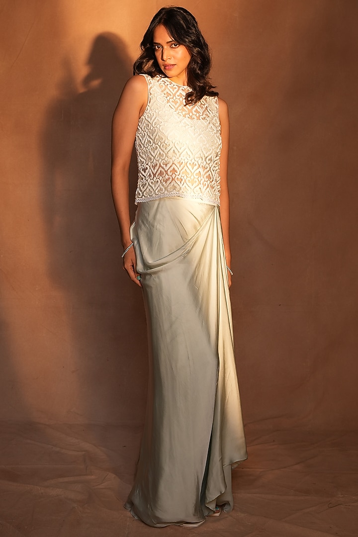 Ice Blue Bemberg Satin Draped Skirt Set by ASHUTOSH JOSHI at Pernia's Pop Up Shop