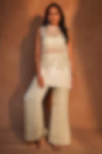 Ice Blue & Ivory Organza Paisley Work Kurta Set by ASHUTOSH JOSHI at Pernia's Pop Up Shop