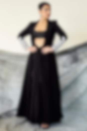 Black Raw Silk Knotted Skirt Set by ASHUTOSH JOSHI at Pernia's Pop Up Shop