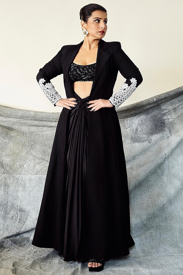 Black Raw Silk Knotted Skirt Set by ASHUTOSH JOSHI at Pernia's Pop Up Shop