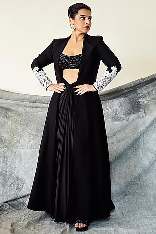 Black Raw Silk Knotted Skirt Set by ASHUTOSH JOSHI