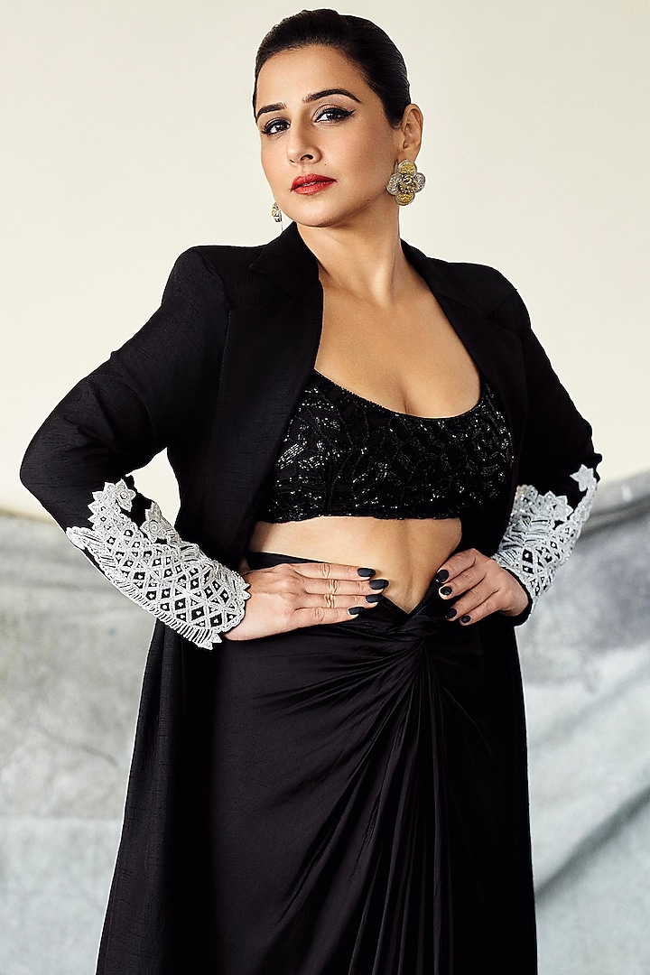 Black Raw Silk Knotted Skirt Set by ASHUTOSH JOSHI at Pernia's Pop Up Shop