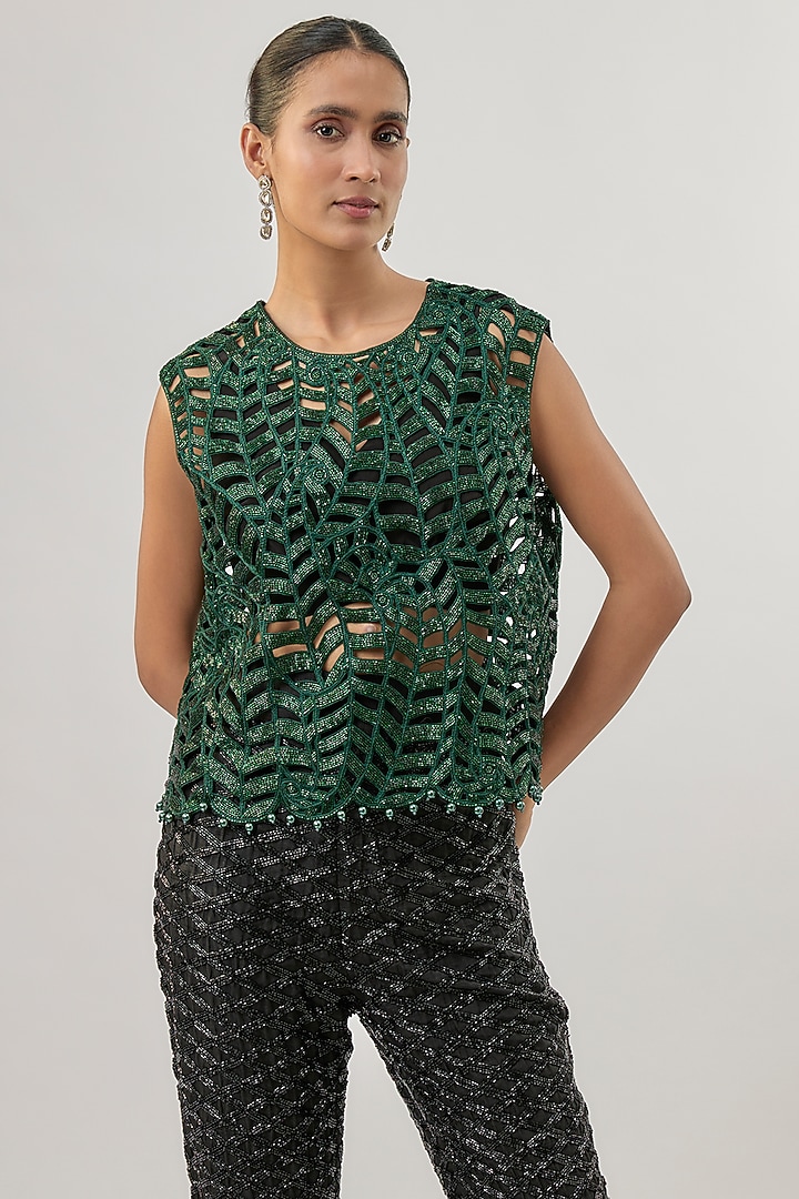 Emerald Green Raw Silk Paisley Embroidered Co-Ord Set by ASHUTOSH JOSHI at Pernia's Pop Up Shop