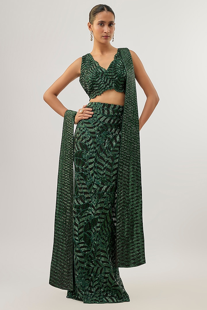 Emerald Green Raw Silk Paisley Embroidered Skirt Set by ASHUTOSH JOSHI at Pernia's Pop Up Shop