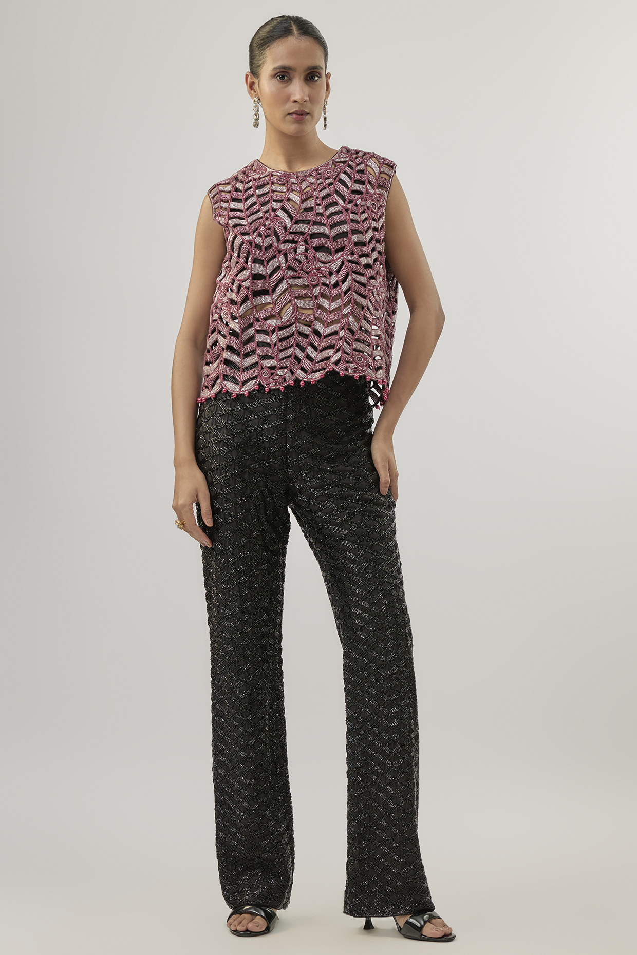Black Crepe Embroidered Pant Set by ASHUTOSH JOSHI at Pernia's Pop Up Shop