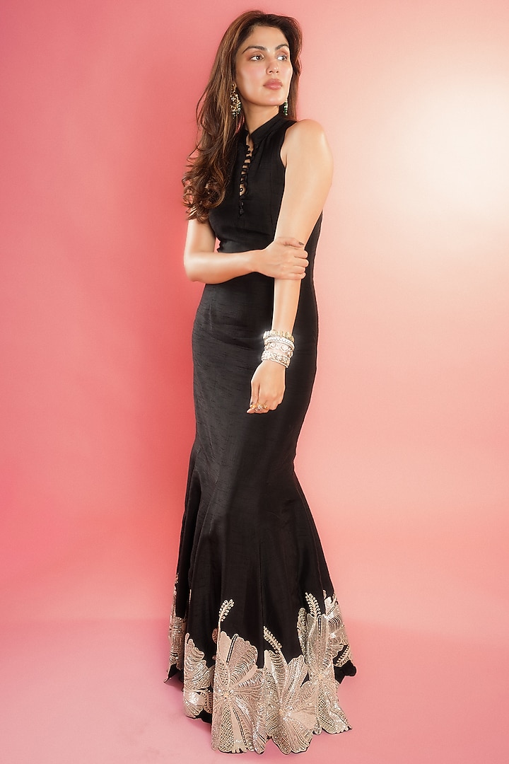 Black & Gold Raw Silk Floral Wedding Gown by ASHUTOSH JOSHI at Pernia's Pop Up Shop
