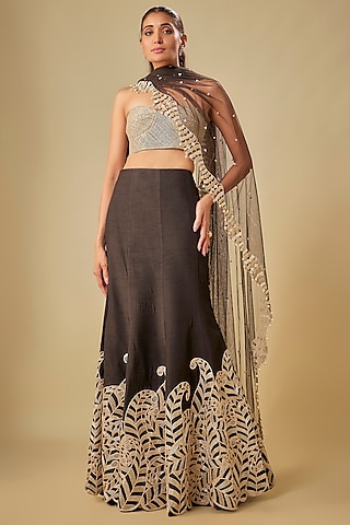 Black Raw Silk Abstract Paisley Fish-Cut Lehenga Set by ASHUTOSH JOSHI