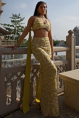 Olive Green Hard Net Abstract Paisley Skirt Set by ASHUTOSH JOSHI