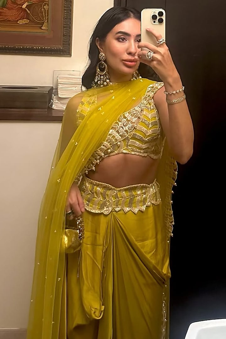 Olive Green Raw Silk Skirt Set by ASHUTOSH JOSHI at Pernia's Pop Up Shop