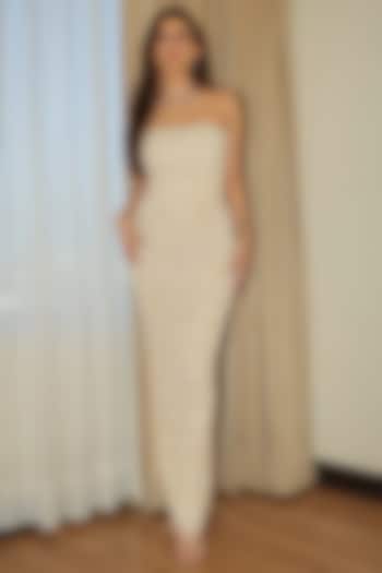 Ivory Hard Net Paisley Fitted Wedding Gown With Dupatta by ASHUTOSH JOSHI at Pernia's Pop Up Shop