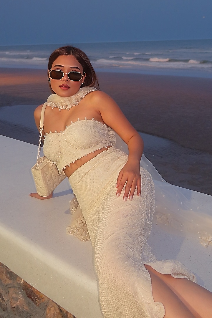Ivory Hard Net Cutwork Skirt Set by ASHUTOSH JOSHI at Pernia's Pop Up Shop
