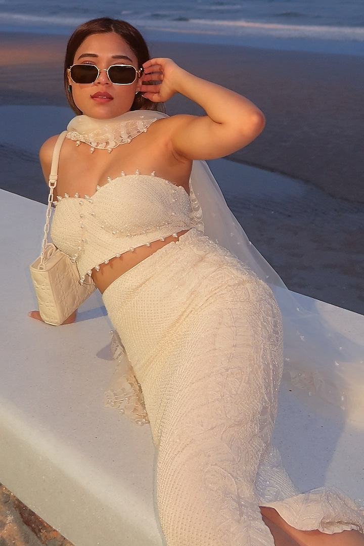 Ivory Hard Net Cutwork Skirt Set by ASHUTOSH JOSHI at Pernia's Pop Up Shop