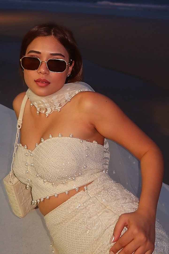 Ivory Hard Net Cutwork Skirt Set by ASHUTOSH JOSHI at Pernia's Pop Up Shop